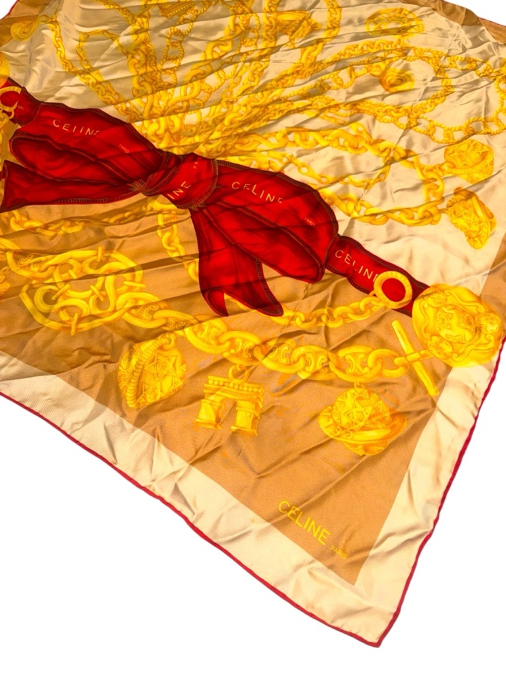 Vintage Celine Gold & Red Chain Motif Silk Scarf with Red Bow